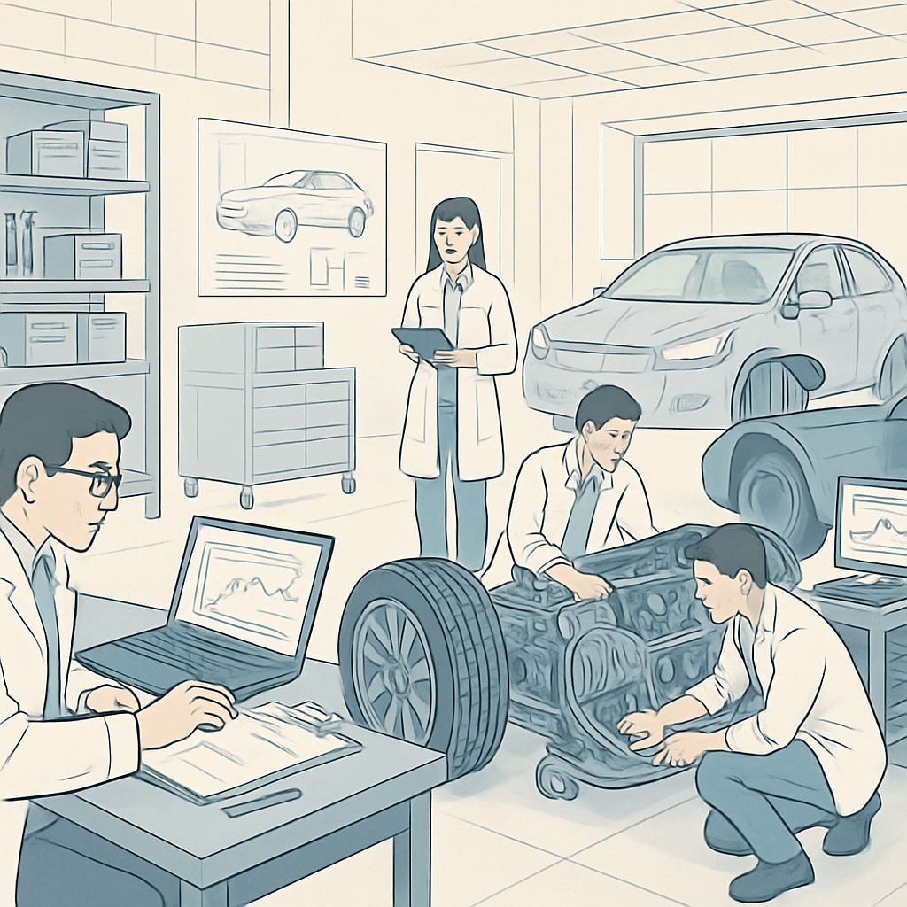 An automotive engineering lab showcasing students working on vehicle prototypes to illustrate hands-on learning opportunities. Students working on vehicle prototypes in an engineering lab.