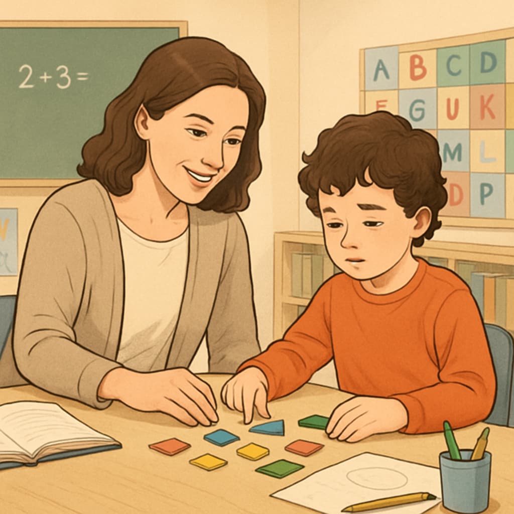 A compassionate teaching assistant working with a child on the autism spectrum in a classroom setting. The assistant is guiding the child through a hands-on educational activity. Teaching assistant helping a child on the autism spectrum in a special education classroom.