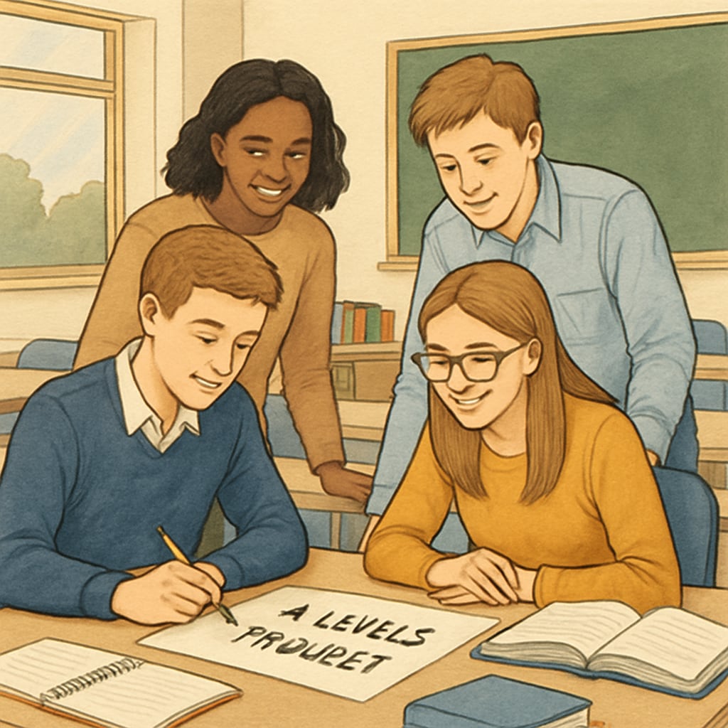 A group of UK students collaborating on an A Levels project in a classroom setting. This image illustrates the collaborative and flexible nature of the A Levels system. UK students working on an A Levels project together in a classroom.