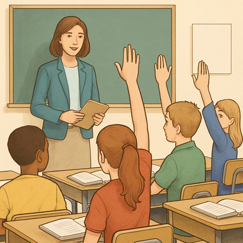 A classroom with students raising their hands, symbolizing active participation and engagement. This image highlights the importance of creating supportive learning environments. Students actively participating in a classroom, symbolizing engagement and well-rounded education.