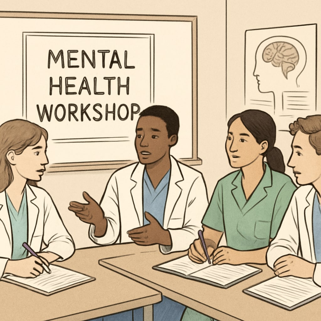 A group of medical students discussing mental health workshop plans in a classroom setting. Medical students planning a mental health workshop for high school students.