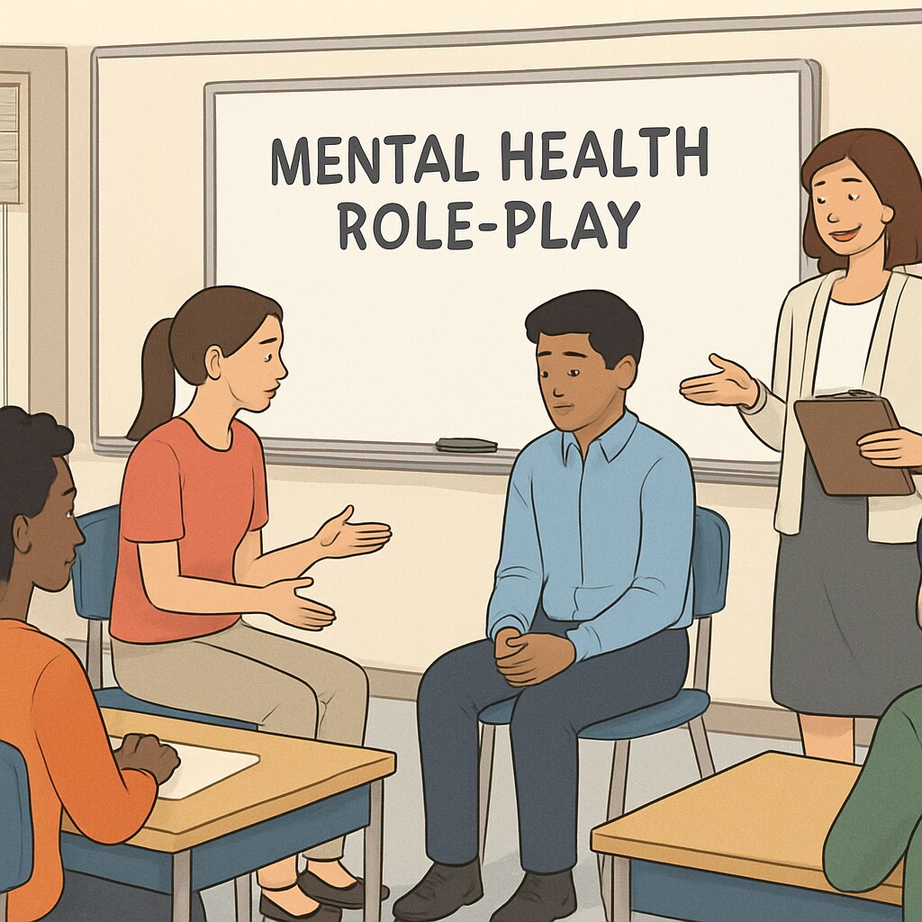 An interactive workshop setting where students participate in role-playing exercises about mental health scenarios. High school students participating in mental health role-playing exercises.