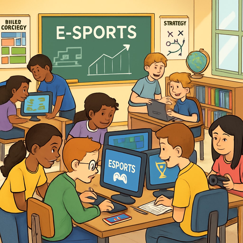 A vibrant classroom setting where students collaborate on esports-related projects using computers and educational tools, highlighting the integration of gaming into learning. Esports integrated into classroom learning with students working on projects.