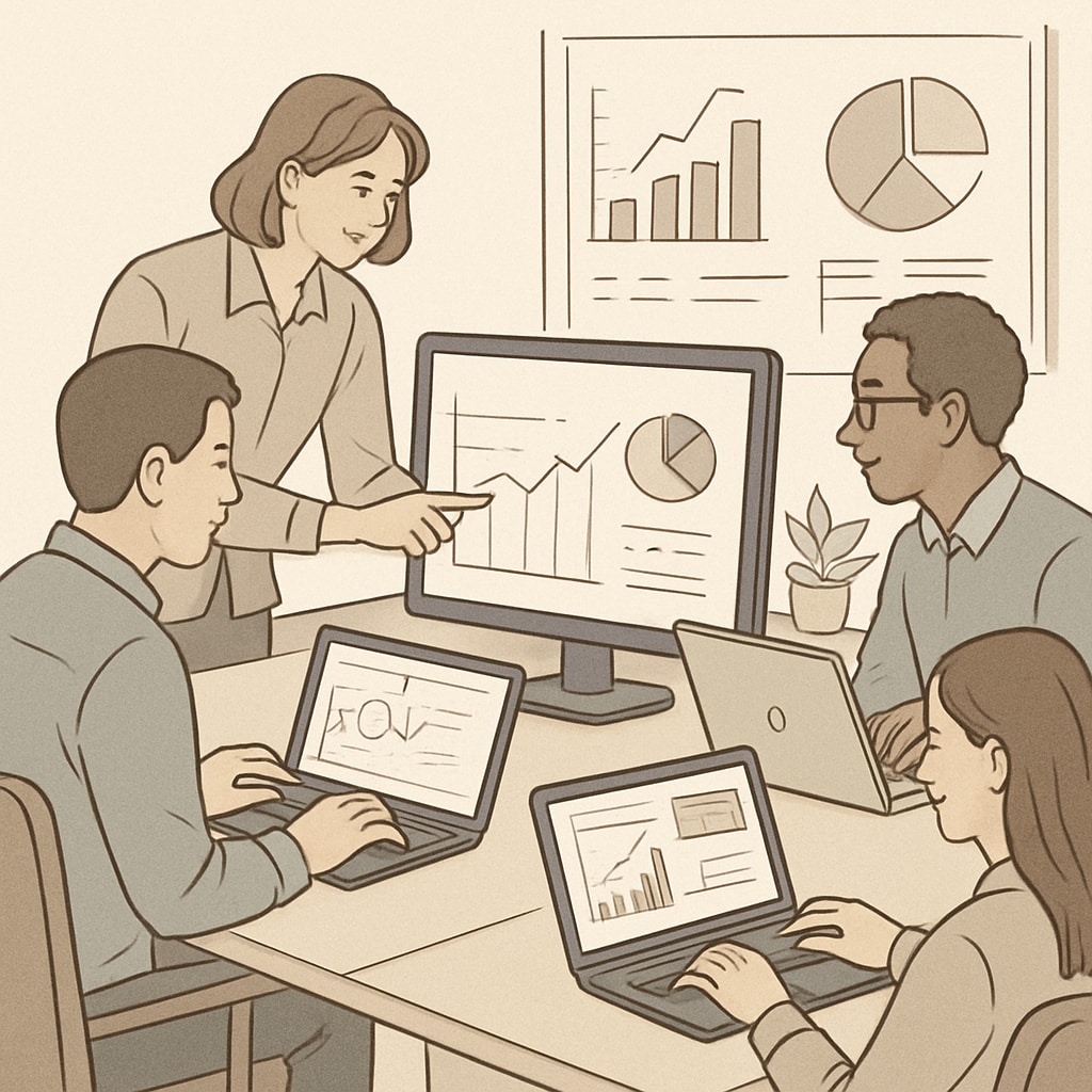 Data scientists collaborating on a project using advanced analytics tools and software. Data scientists analyzing datasets for actionable insights.