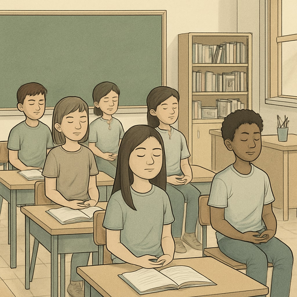 A serene classroom setting where students are engaging in guided meditation, inspired by Sadhguru’s philosophies. Students meditating in a classroom setting inspired by Sadhguru's teachings.