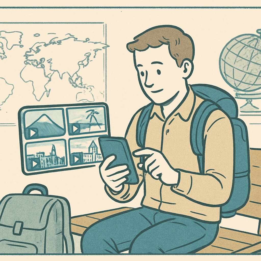 A traveler watching short travel videos on a smartphone, showcasing various destinations. Traveler watching short travel videos on a smartphone.