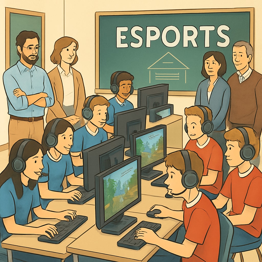 A dynamic esports event featuring students competing in teams, with teachers and parents observing the educational aspects of the activity. Students competing in an esports event with educational emphasis.