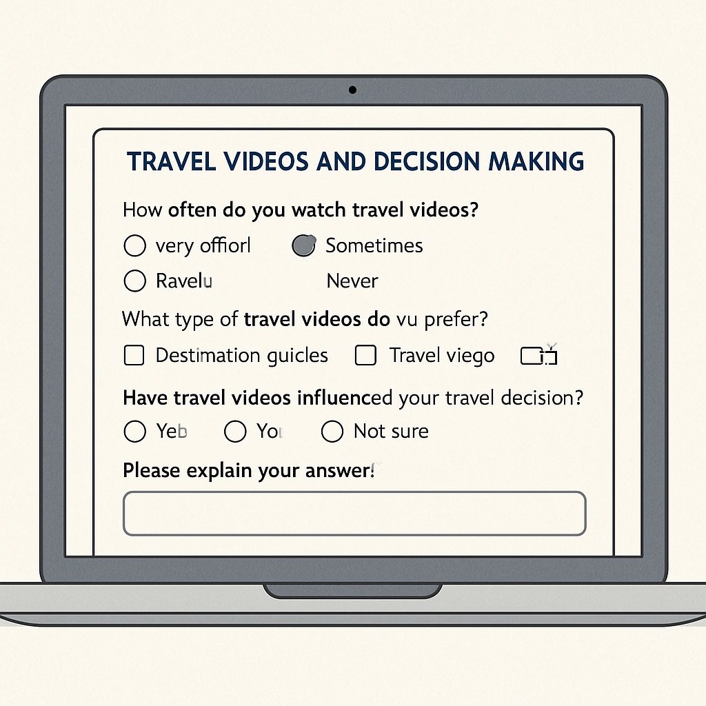 A laptop screen displaying a survey form about travel videos and decision-making. Survey form about travel videos and decision-making displayed on a laptop.