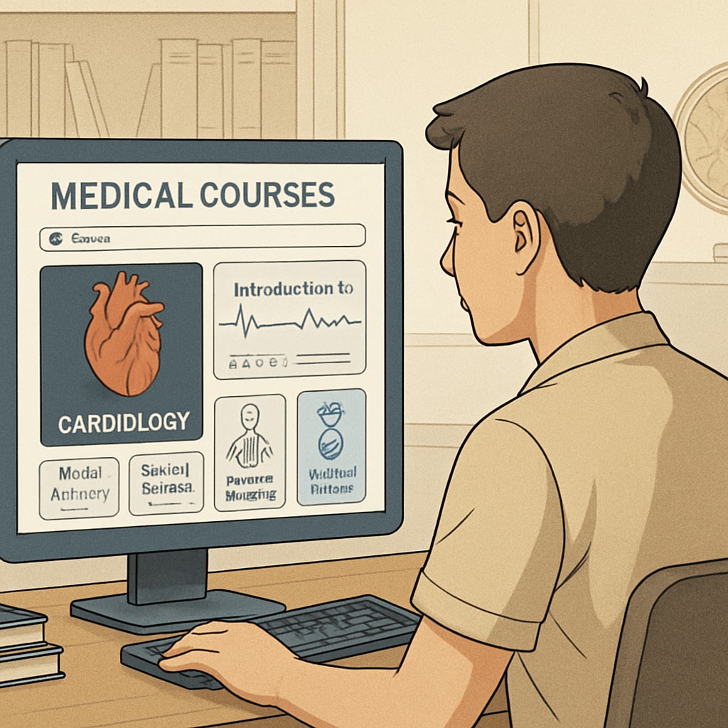 A student browsing through online medical courses, with cardiology topics highlighted. Student exploring cardiology resources online.
