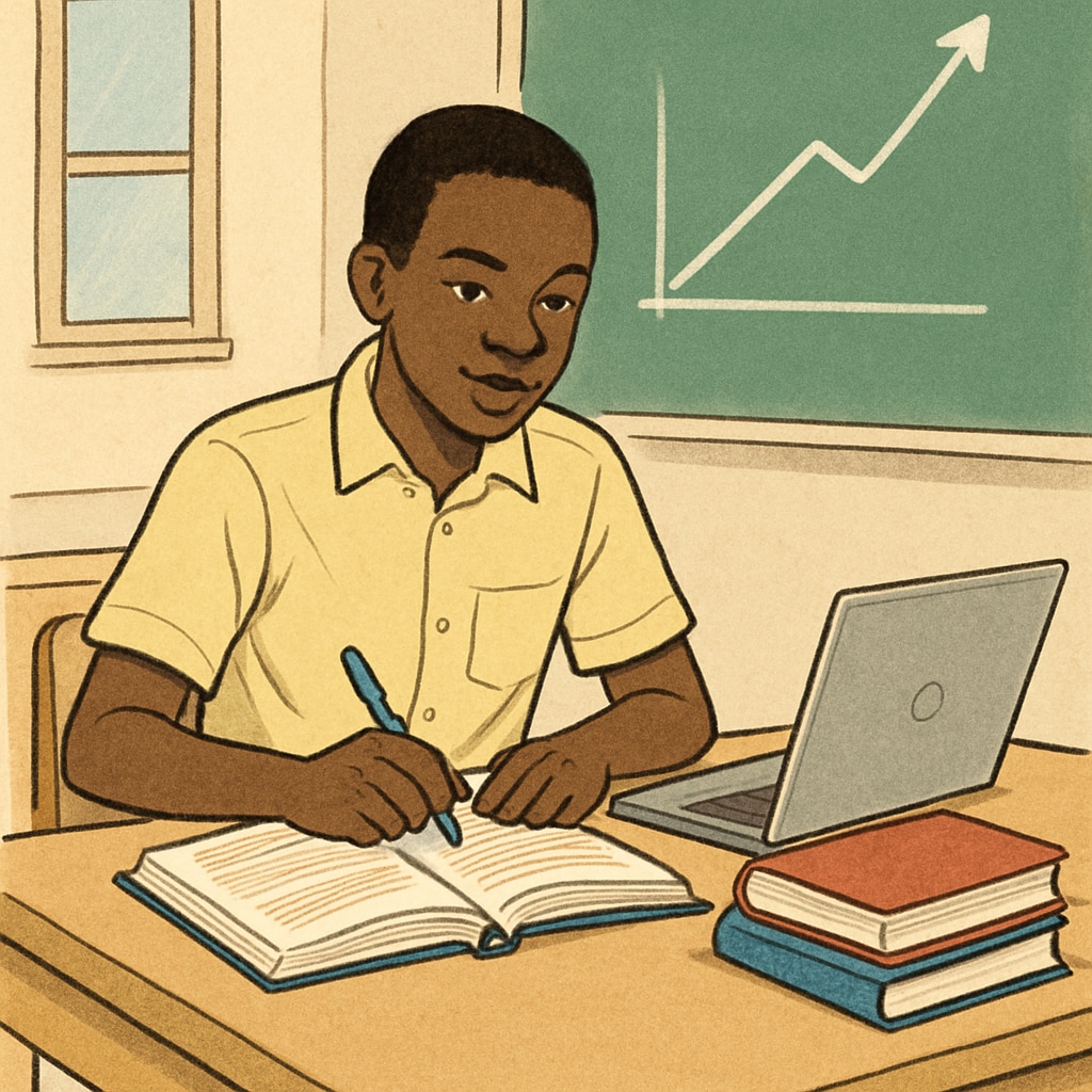 A young Malian student studying finance, seated at a desk with books and a laptop, symbolizing the pursuit of knowledge. Malian student studying finance, representing career aspirations.