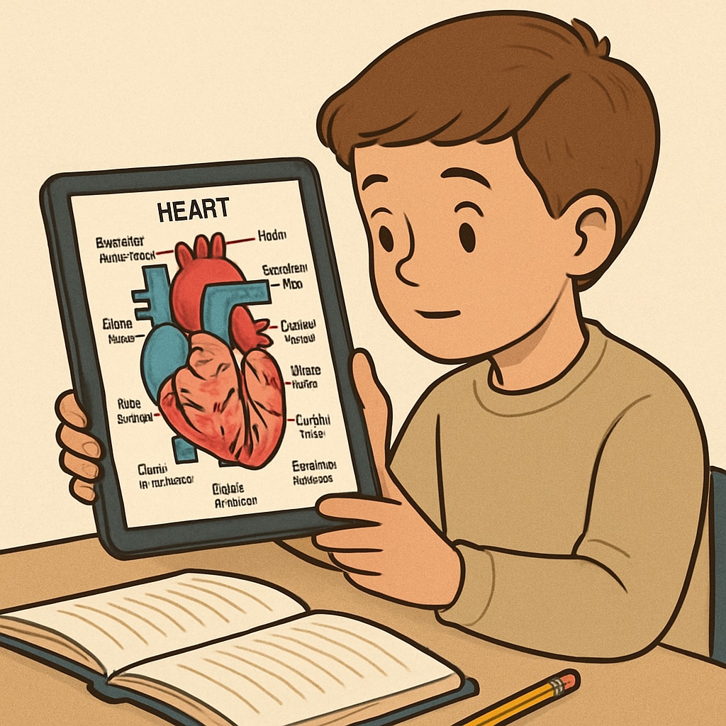A young student using a tablet to learn about the human heart, with diagrams displayed on the screen. K12 student studying the human heart anatomy online.