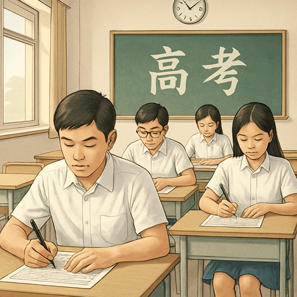 A classroom with students taking a standardized test, symbolizing the Chinese education system. Students taking a standardized test in a Chinese classroom, representing testing systems and academic pressure.