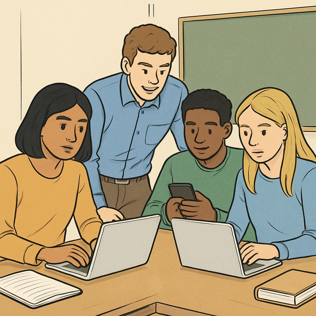 A diverse group of students collaborating on a project using laptops and smartphones, representing a digital study group. Students working in a digital study group with laptops and smartphones.