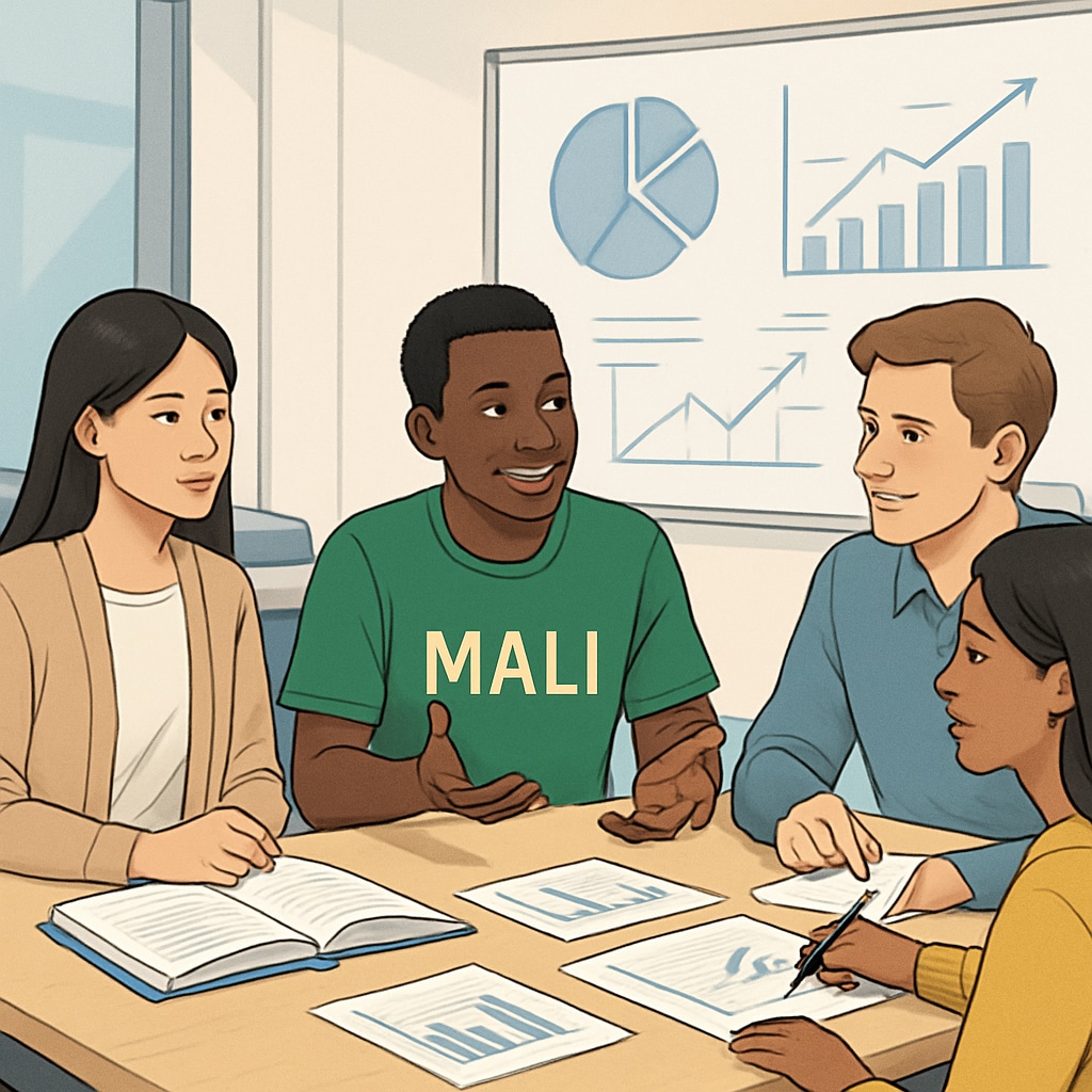 A group of international students, including one from Mali, discussing finance-related topics in a modern classroom setting. International students, including a Malian, discussing finance.