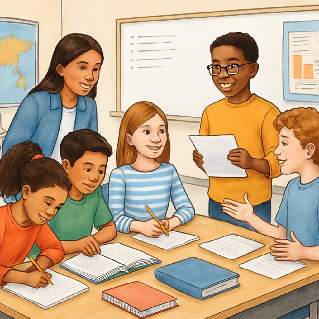 A diverse group of students engaging in a collaborative classroom activity, representing the U.S. education system. A U.S. classroom with diverse students participating in group work, reflecting inclusive and identity-focused education.