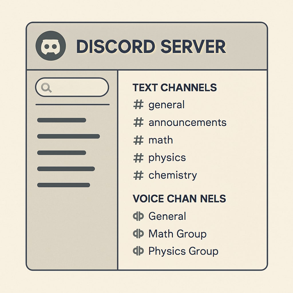 A screenshot of a Discord server with organized channels for study groups, including text and voice channels. Discord server screenshot showing organized study group channels.