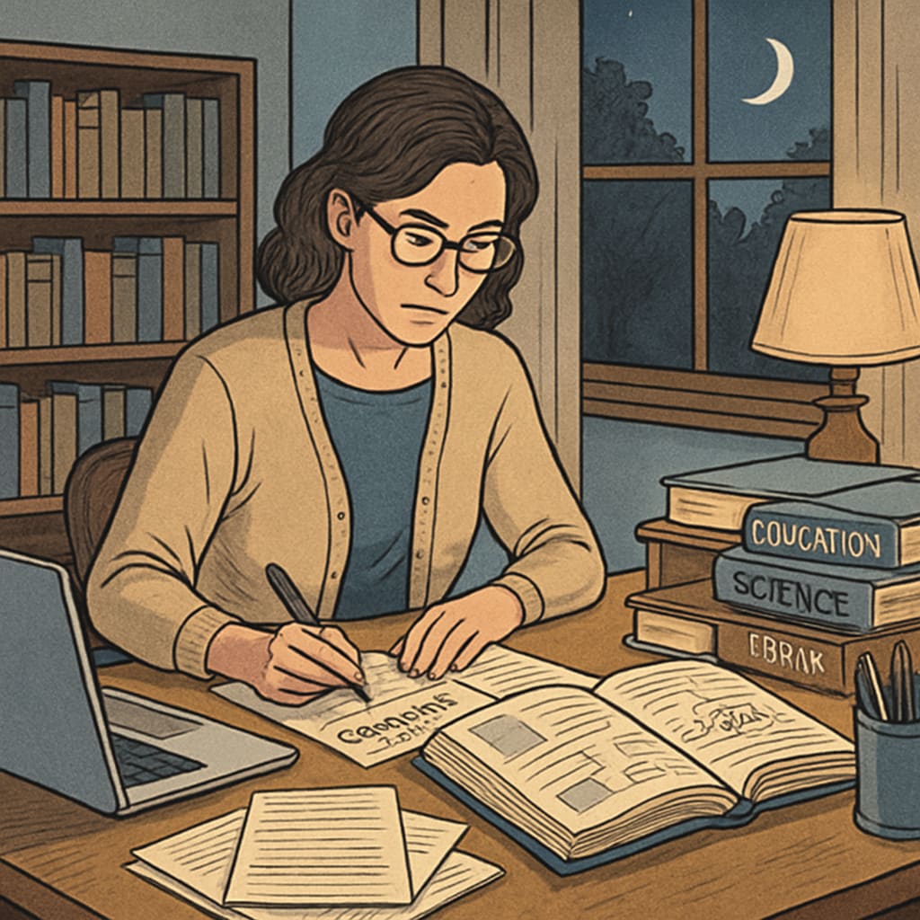 A teacher working on lesson plans in the evening while studying for a master’s degree. A teacher balancing lesson planning and master’s degree coursework.