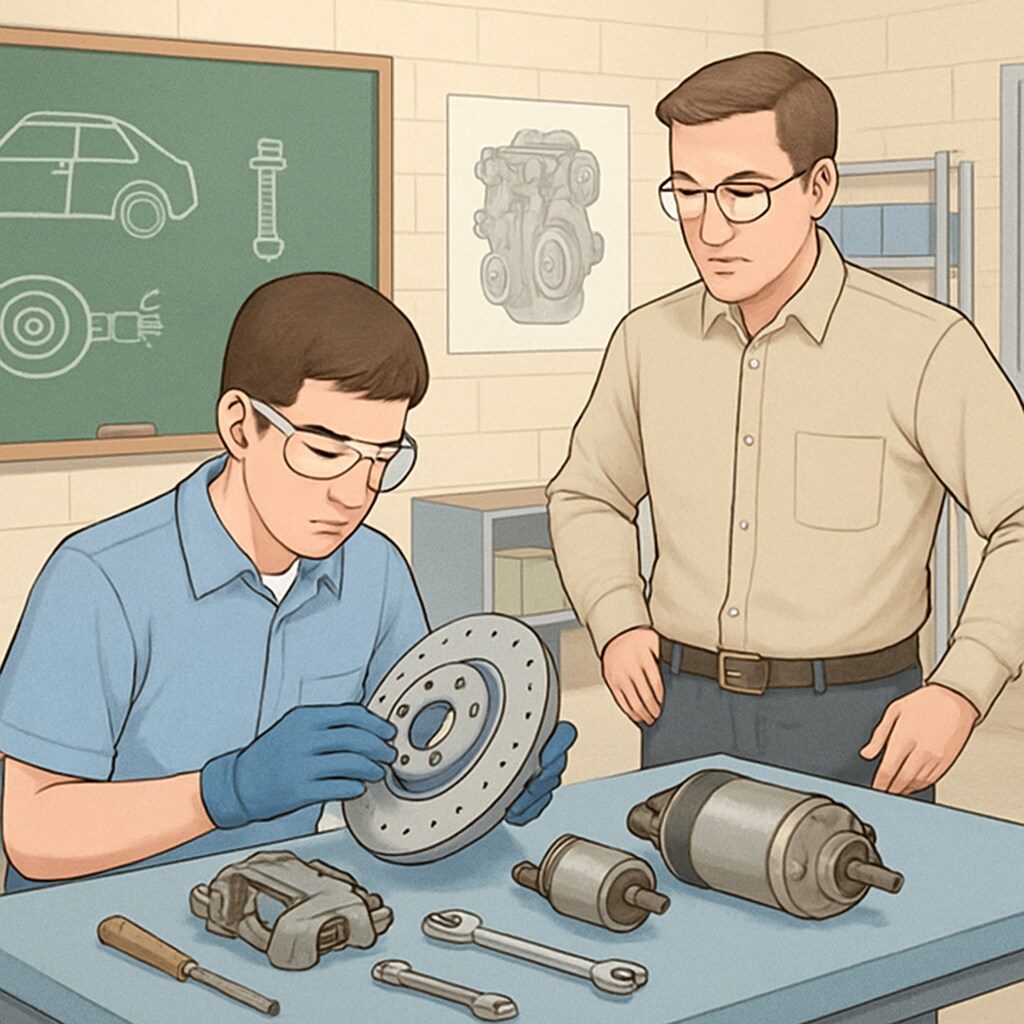A classroom setting where a student is working on automotive components under supervision. Student working on automotive components in a classroom setting.