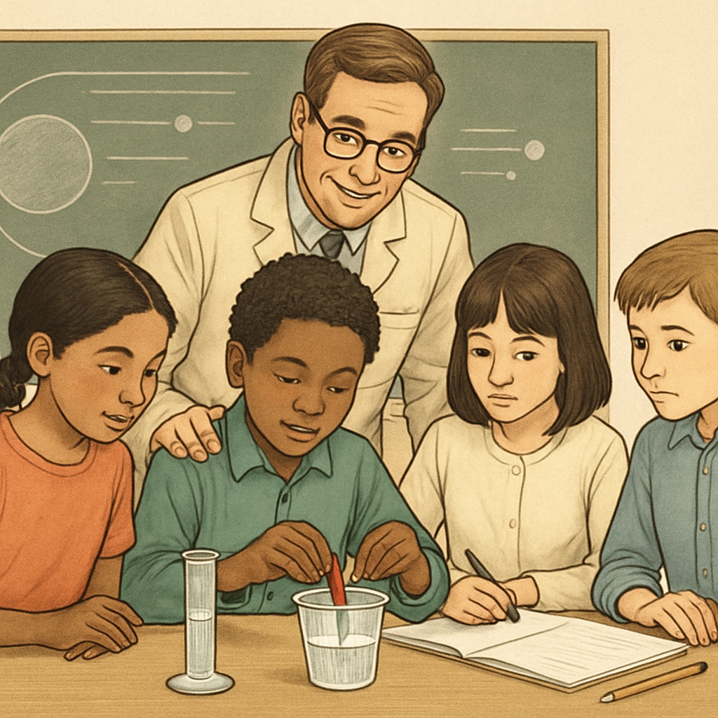 A diverse classroom of students engaged in a science activity, with an educator guiding them. Science classroom with English learners working collaboratively on a project.