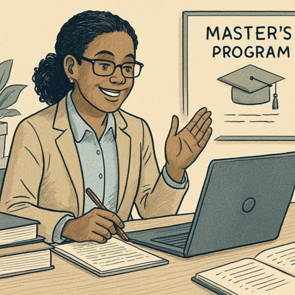 A motivated educator smiling while attending an online class for their master’s program. An educator attending an online class for career development.