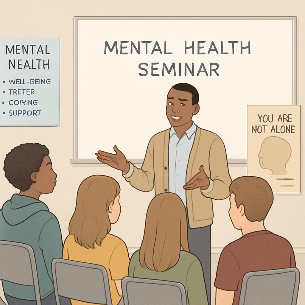 A group of high school students attentively listening to a speaker during a mental health seminar. High school students engaged in a mental health seminar led by medical students
