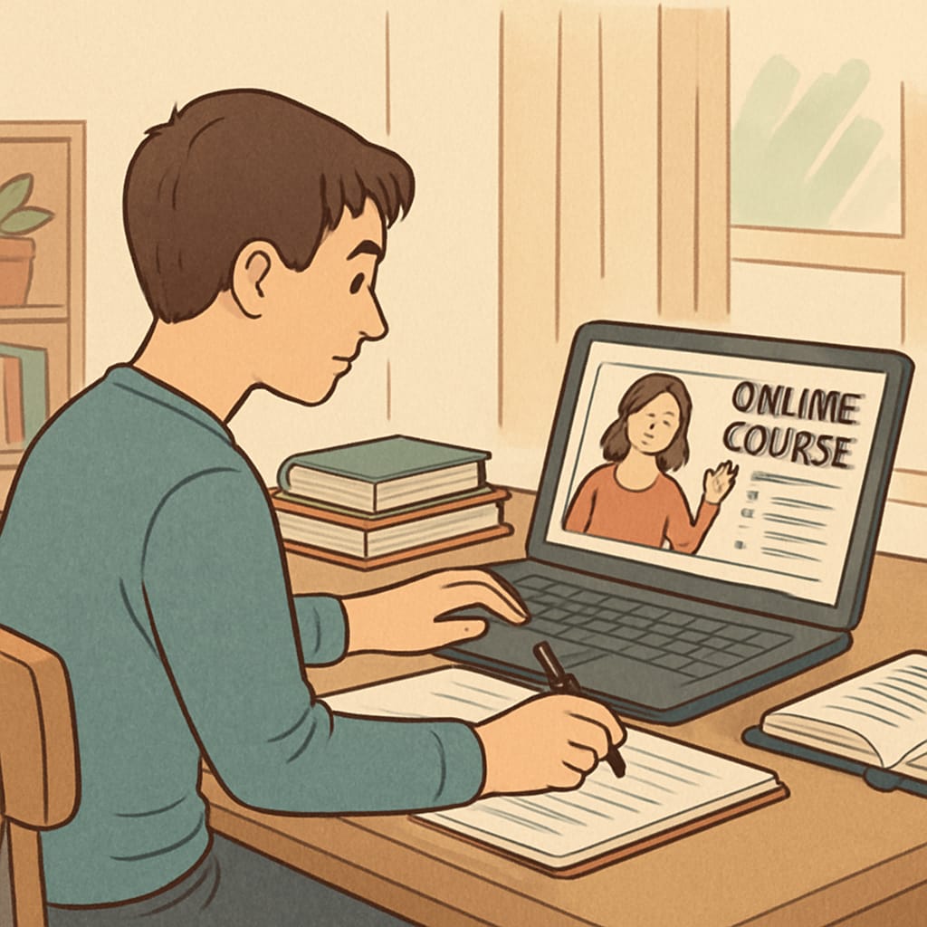 A student using a laptop to access an online educational course in a home setting. High school student exploring online educational courses for extracurricular learning.