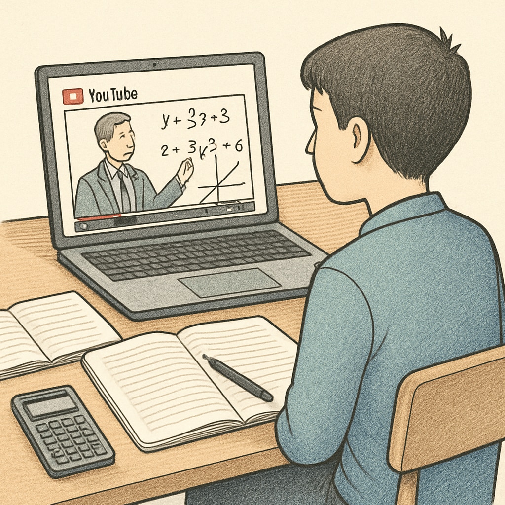 A student sitting in front of a laptop watching a math tutorial on YouTube, with notebooks and a calculator nearby. Student watching a YouTube math tutorial for campus recruitment preparation.