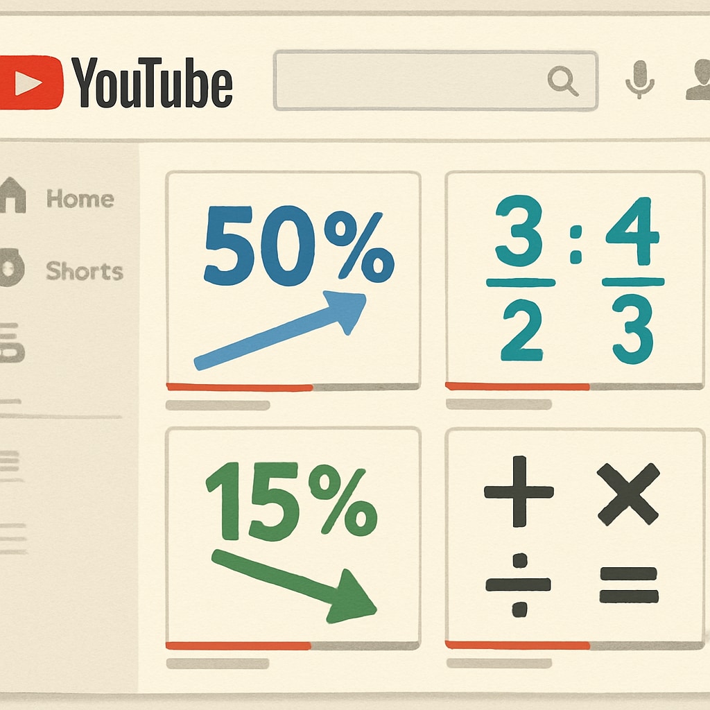 An image showing a YouTube interface with math tutorial thumbnails highlighting percentages and ratios. YouTube channel interface with math tutorials on percentages and ratios.
