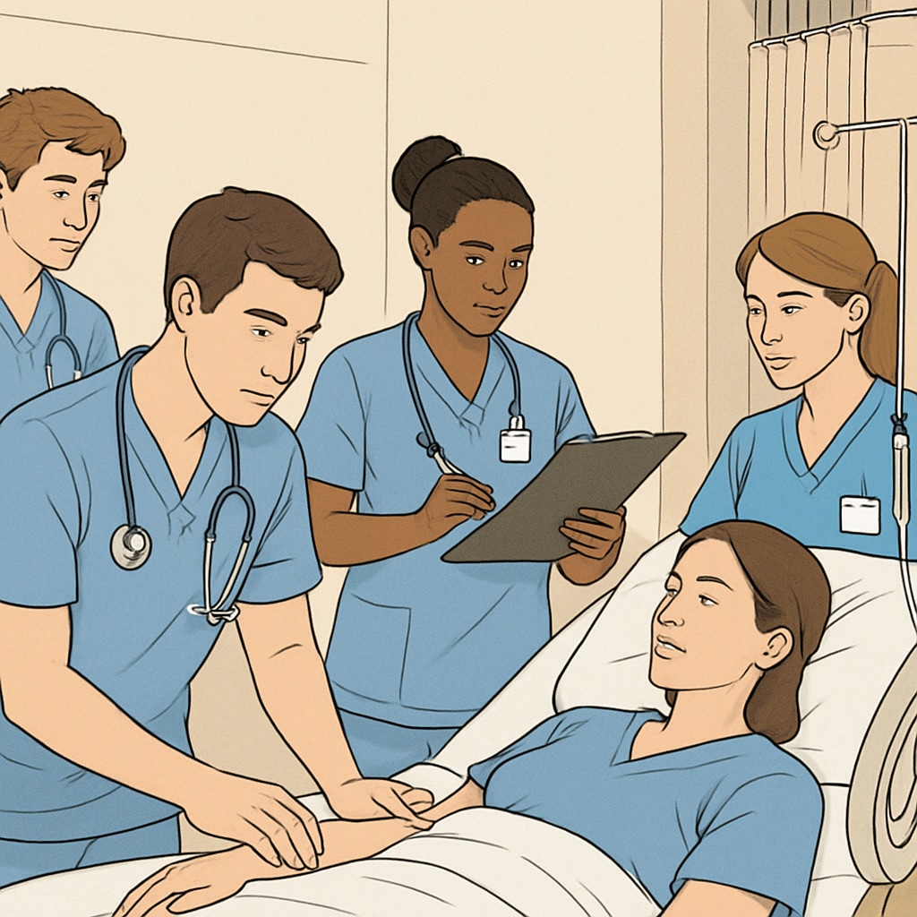 A group of nursing students engaged in clinical practice, symbolizing high-quality nursing programs. Nursing students practicing clinical skills in a lab, representing nursing programs.