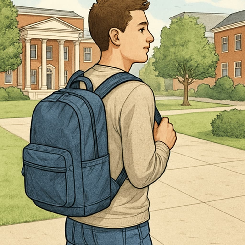 A modern college student carrying a durable nylon backpack while walking across campus. College student carrying a durable nylon backpack.