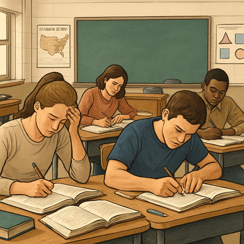 A classroom with students preparing for exams, showcasing the intense focus and stress associated with high-stakes testing. Students in a Turkish classroom preparing for high-stakes exams, reflecting exam pressure.