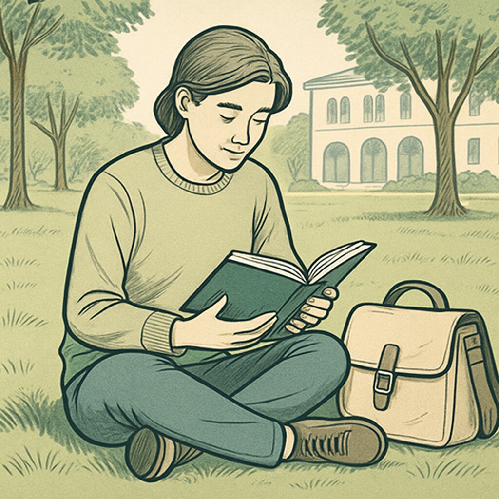A college student sitting on campus grounds with a stylish canvas shoulder bag beside them. College student with a stylish canvas shoulder bag.
