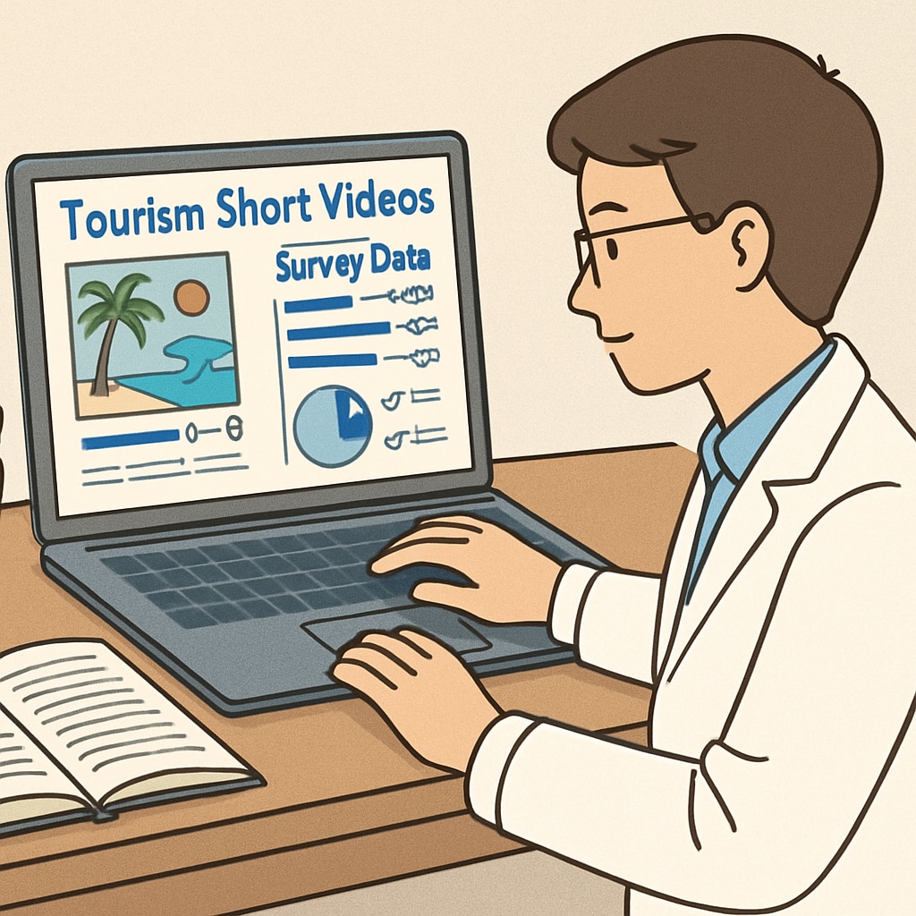 A researcher analyzing tourism short videos on a laptop, with survey data displayed on the screen. Researcher examining tourism short videos for data collection, related to master's thesis.