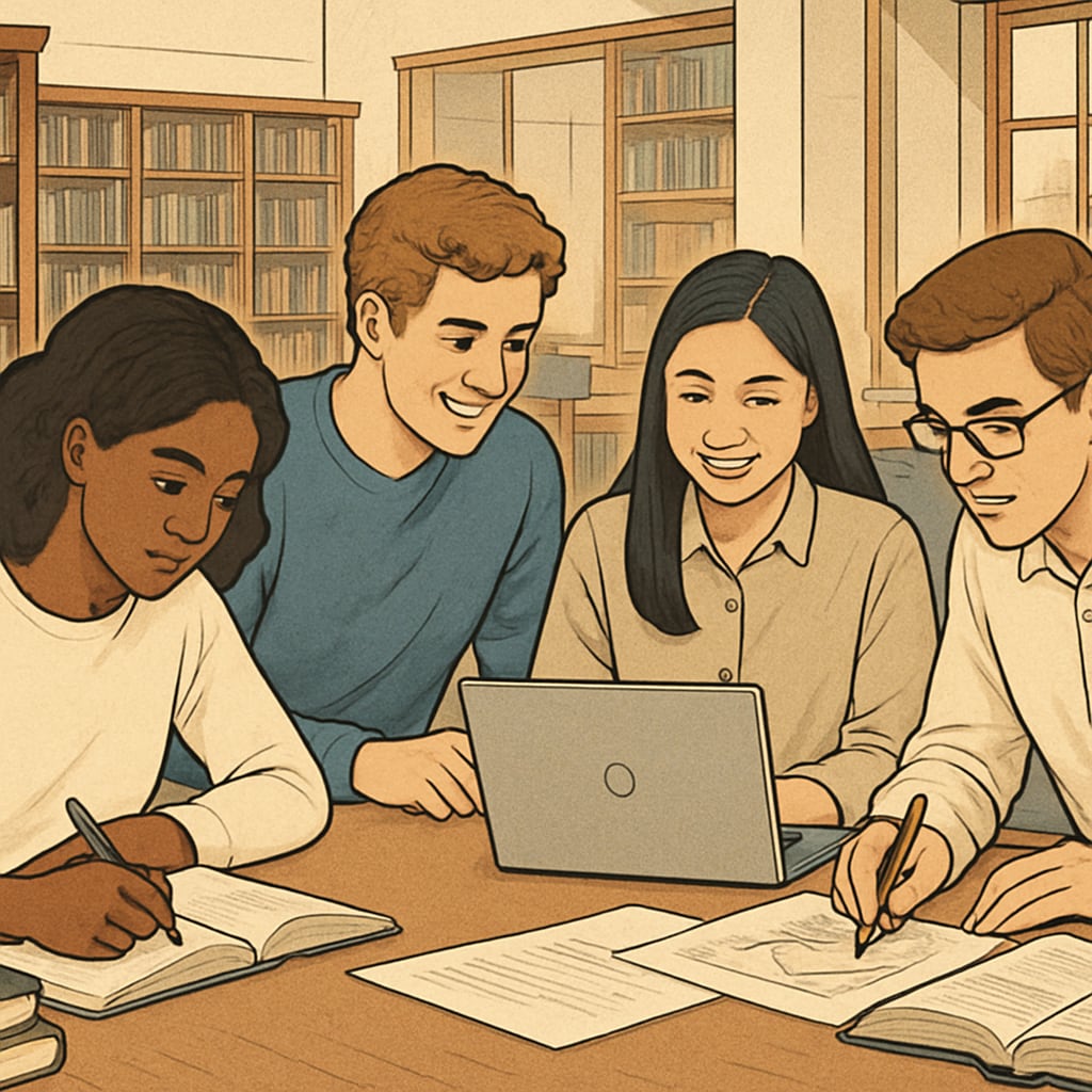 Students collaborating on projects in a library, representing the flexibility and interest-driven approach of A Levels. Students in a library working on A Level projects, symbolizing collaborative and flexible learning.