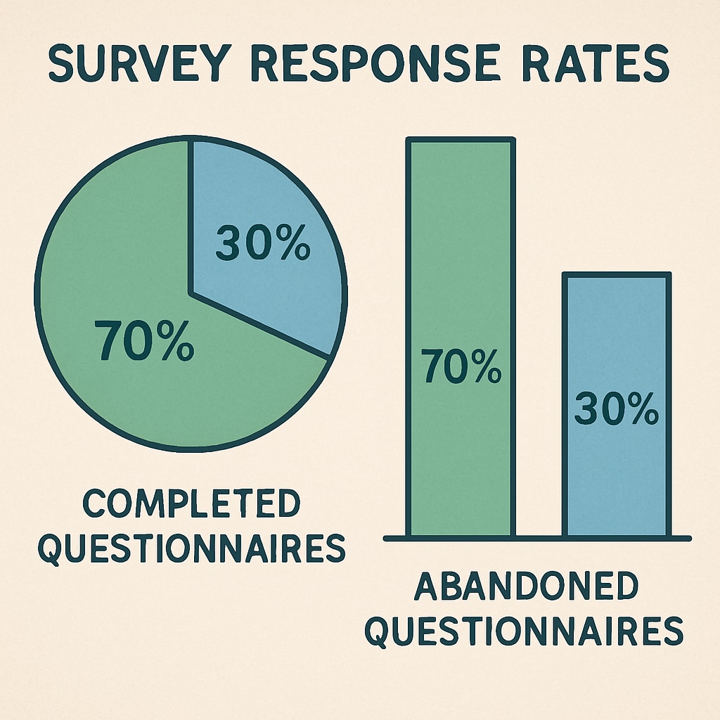 A visual representation of survey response rates, showing percentages of completed and abandoned questionnaires. Survey response rate analysis for tourism short video research.