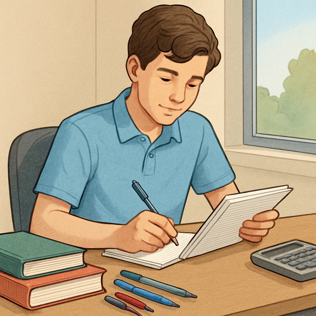 A high school student working at a summer job while sitting with a notebook to manage academic tasks. High school student balancing work and academics during summer.