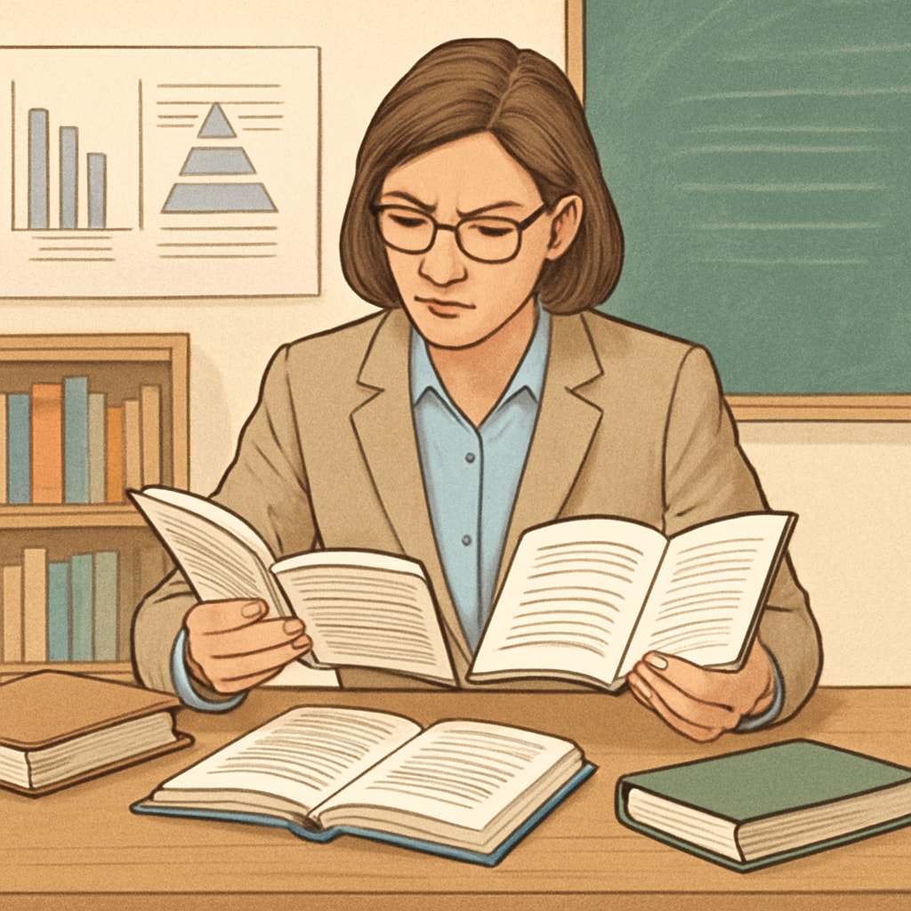 A teacher analyzing a variety of reading materials in a classroom setting to evaluate text complexity. A teacher evaluating reading materials for text complexity in a classroom.