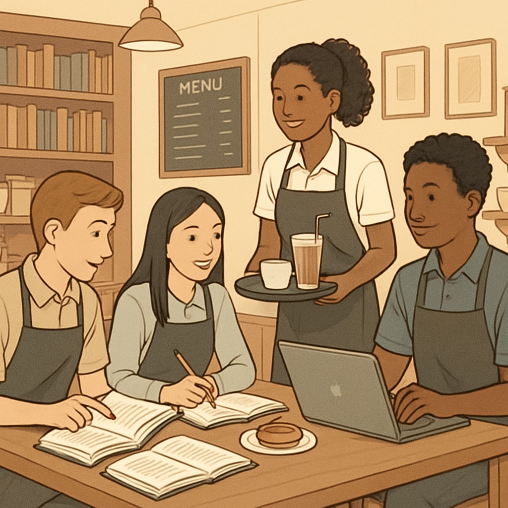 A group of high school students working part-time in a cafe while discussing school projects together. High school students managing work and academics in a supportive environment.
