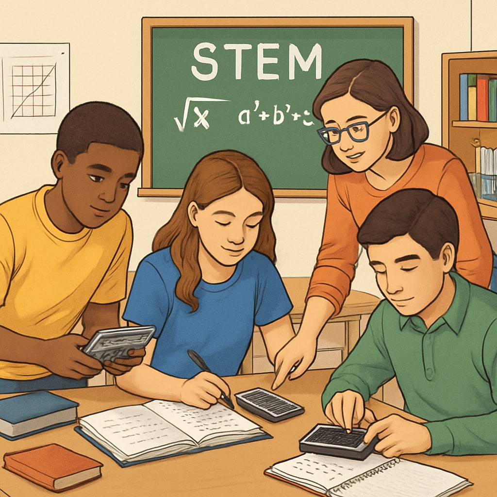 Students in a STEM classroom using calculators, including an HP 11c, to solve mathematical problems. Students using HP 11c calculators for STEM-focused math education.