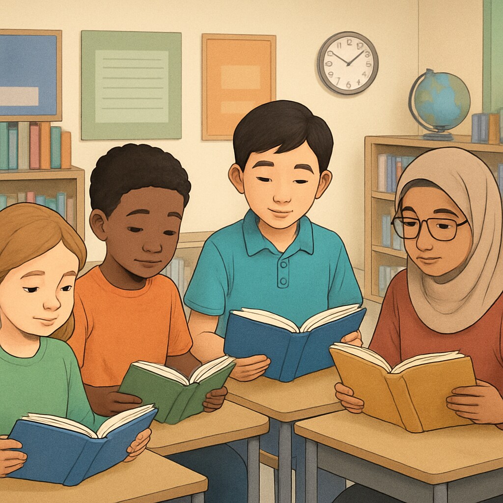 A diverse group of students reading together in a classroom, with books of varying complexity designed for their skill levels. Students reading books of varying complexity in a classroom setting.