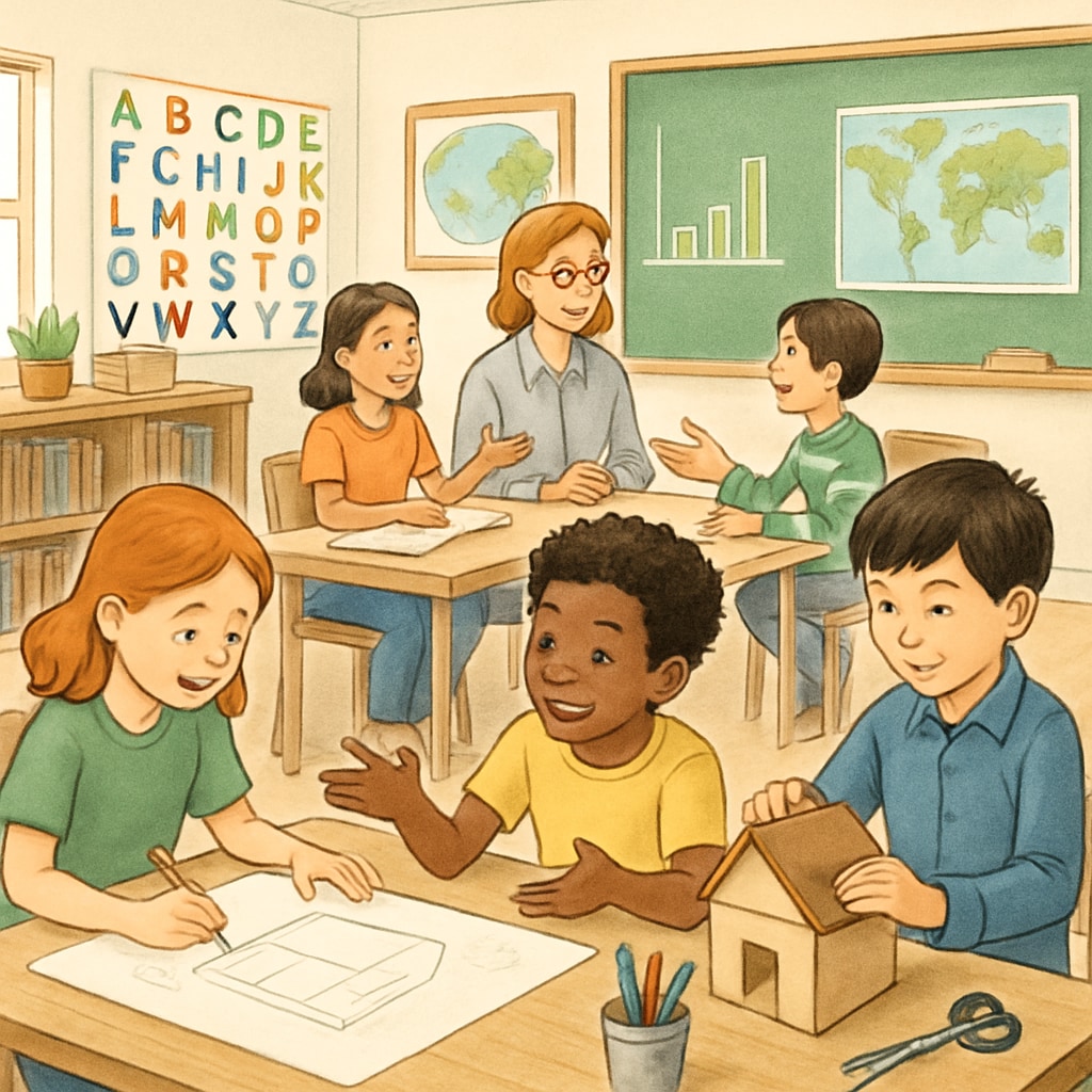 A classroom setting showing students engaged in creative group activities, representing diverse learning methods beyond standardized exams. Students participating in group activities, emphasizing learning beyond exams.