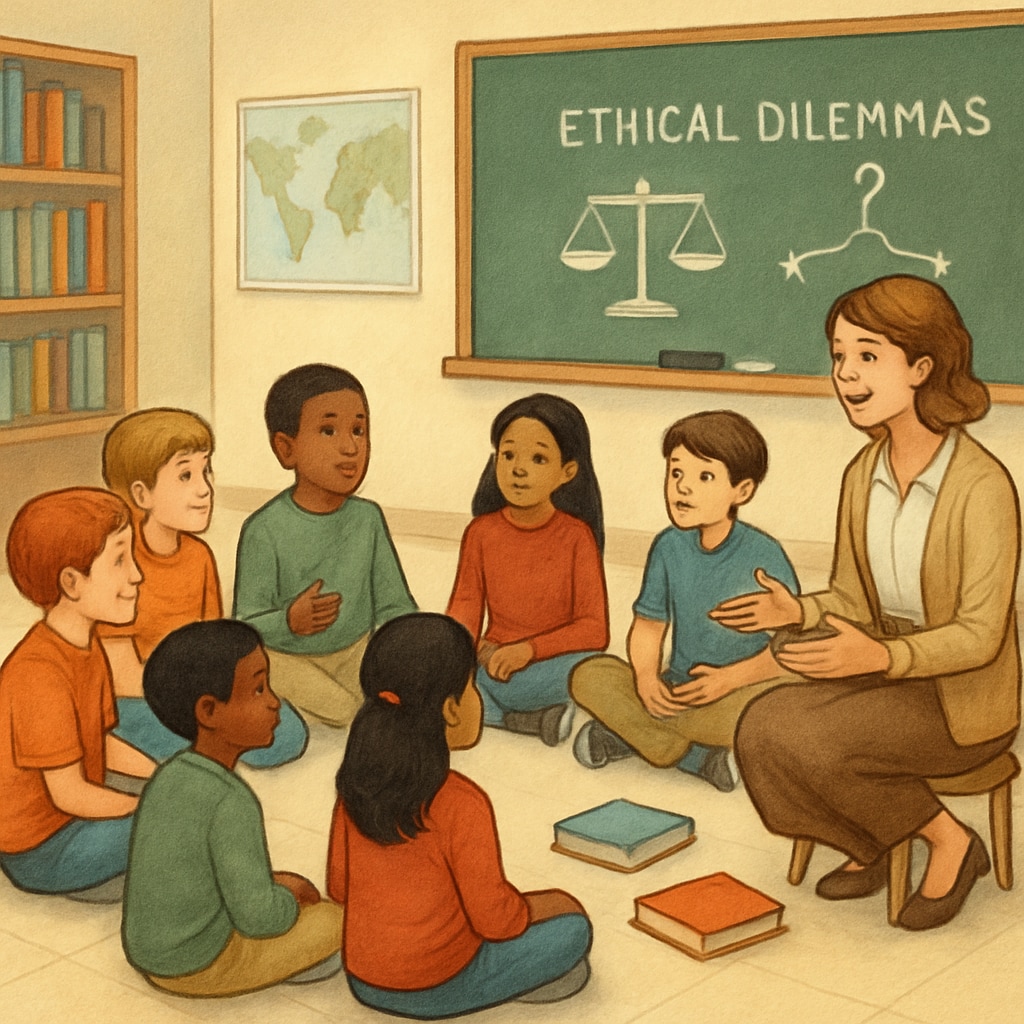 A classroom setting where young students are engaging in a discussion about ethical dilemmas, symbolizing the integration of philosophy into education. Students discussing ethical dilemmas in a classroom, related to philosophy.