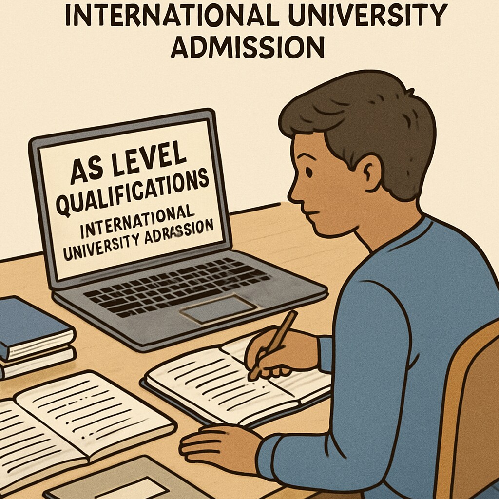 A student reviewing AS Level qualifications for international university admission, sitting at a desk with a laptop and notes. AS Level student reviewing qualifications for affordable university admission.