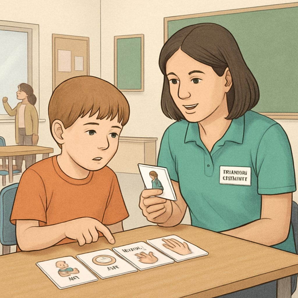 Special education teaching assistant helping a child on the autism spectrum with visual aids.