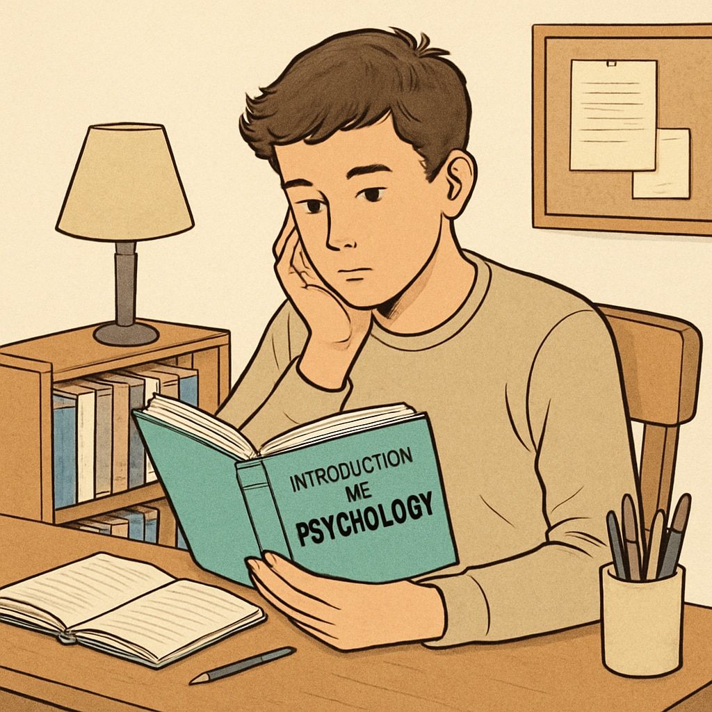 A teenager reading a book titled “Introduction to Psychology” at a cozy study corner, reflecting on the concepts learned. Teenager reading a psychology book in a study corner.