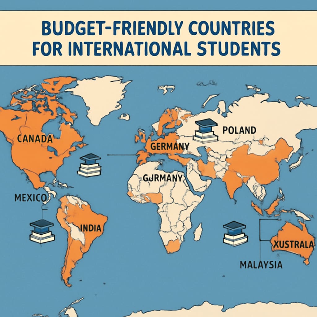 A map highlighting budget-friendly countries for international students, including Germany and Malaysia. Budget-friendly countries for international students with AS Level qualifications.