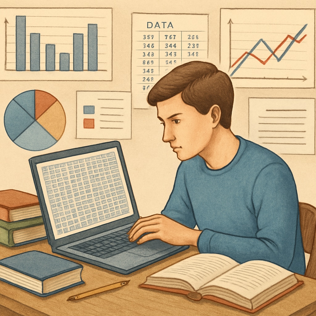 A student sitting at a desk analyzing large datasets on a laptop, symbolizing data science education. A student analyzing datasets on a laptop, related to data science education.