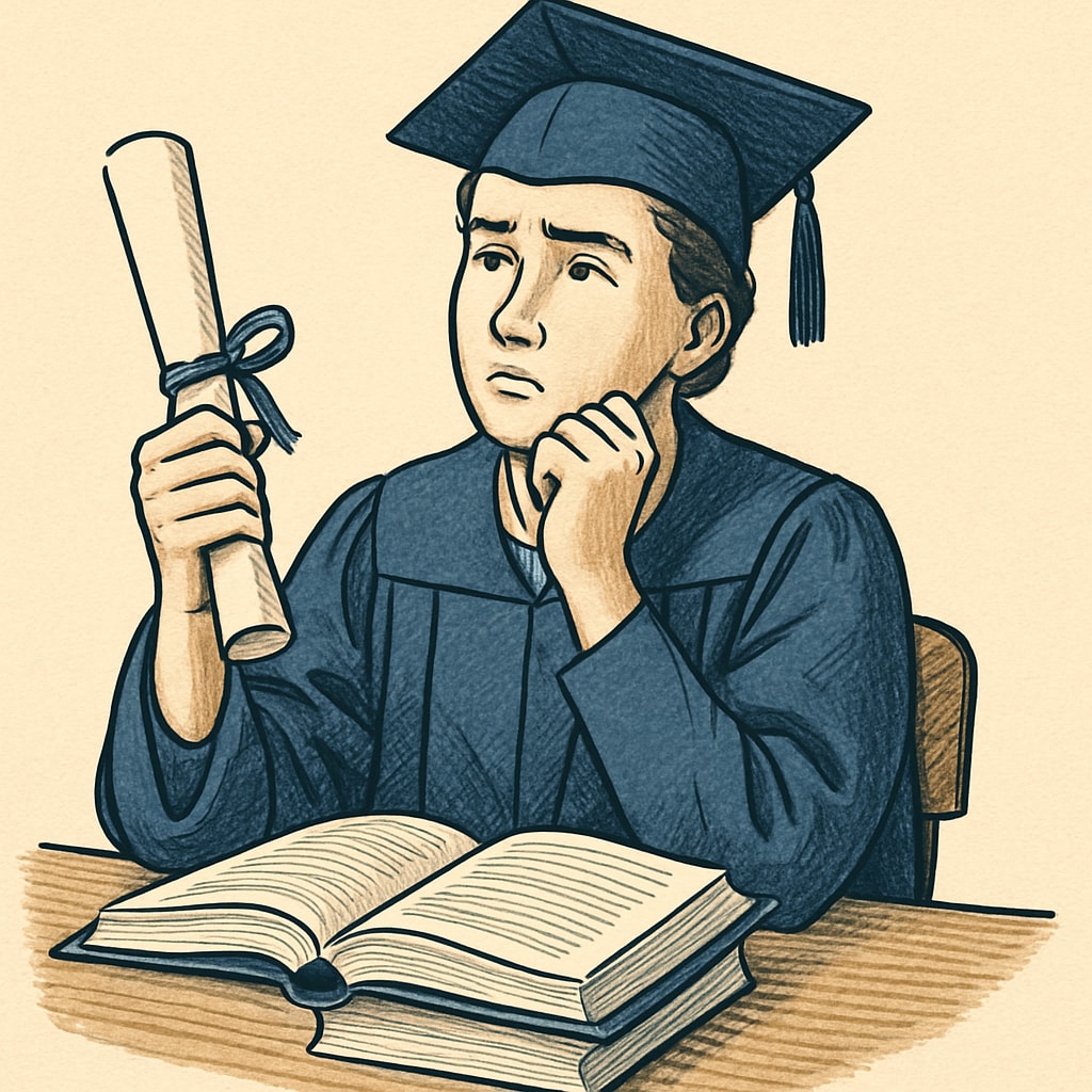 A student sitting at a desk with a diploma in one hand, looking thoughtful about their educational choices. Student contemplating the choice of a modified high school diploma.