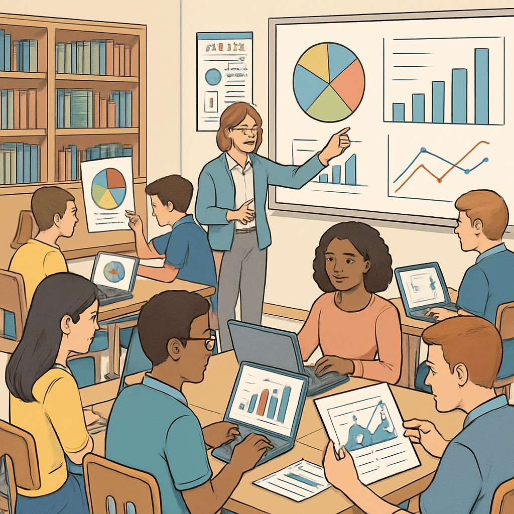 A classroom setting where students are working on data visualization projects, representing a hands-on learning environment. Students working on data visualization projects in a classroom, representing data science education.