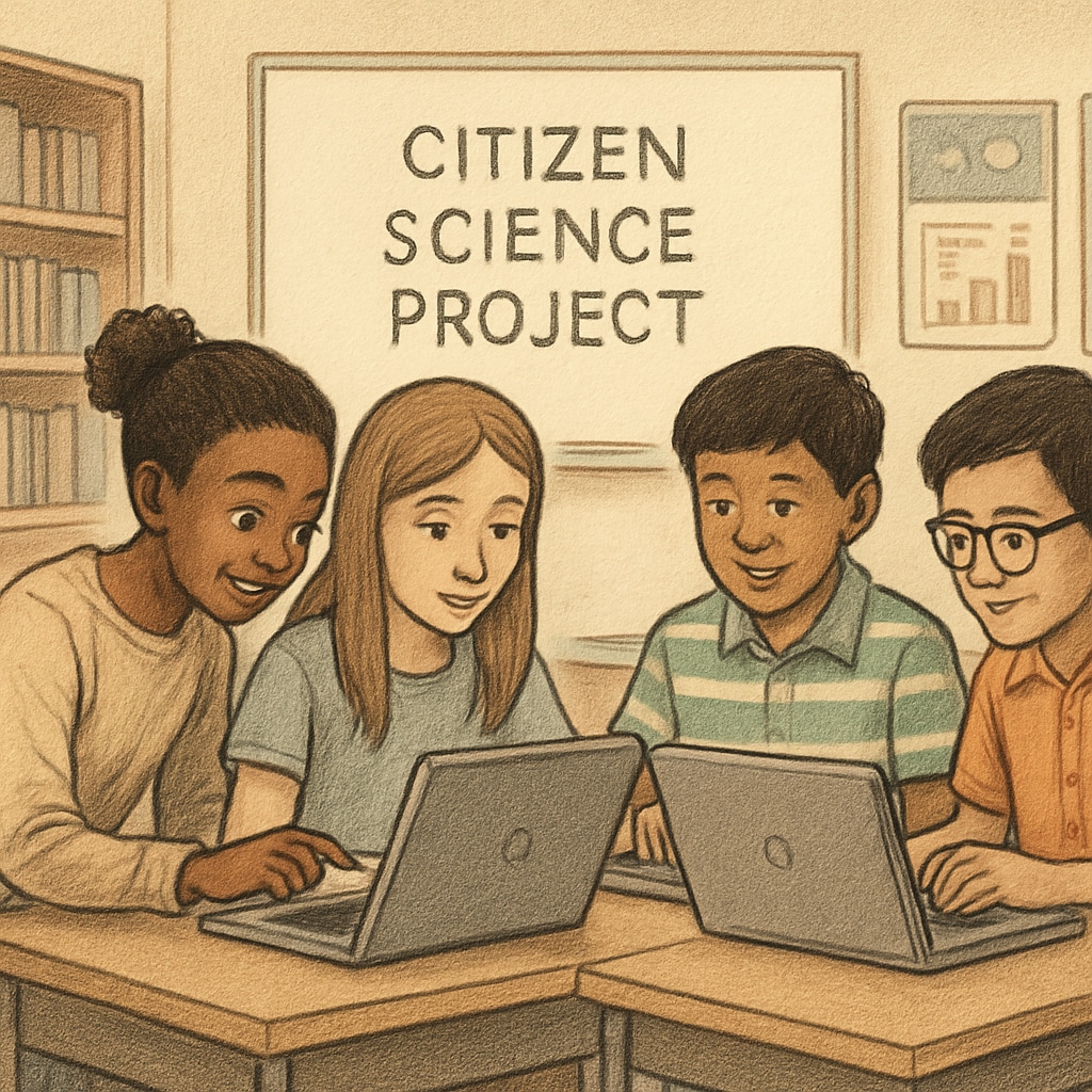 A group of K-12 students working on laptops, participating in a Zooniverse citizen science project. K-12 students exploring Zooniverse citizen science projects on laptops.